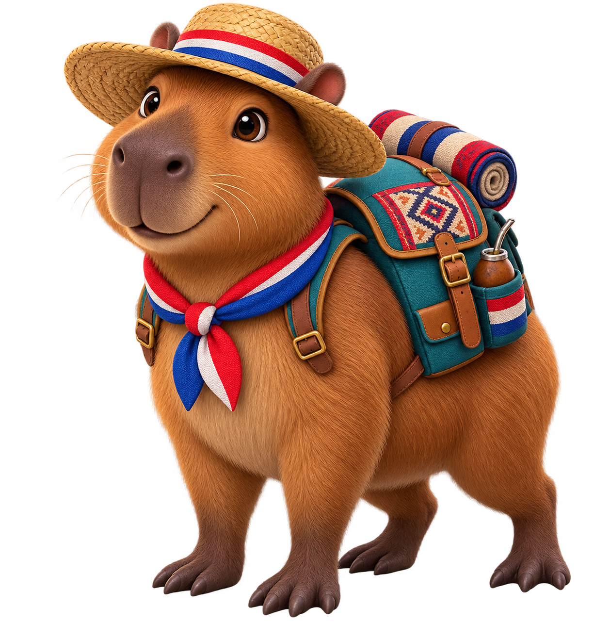Carpincho paraguayo con sombrero pirí y mochila